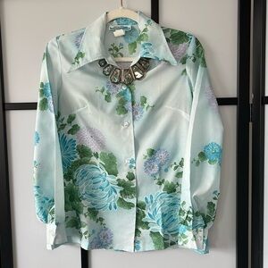 [S] Vintage Blue & Purple Floral Print Grandmacore Long Sleeve Button Up Blouse